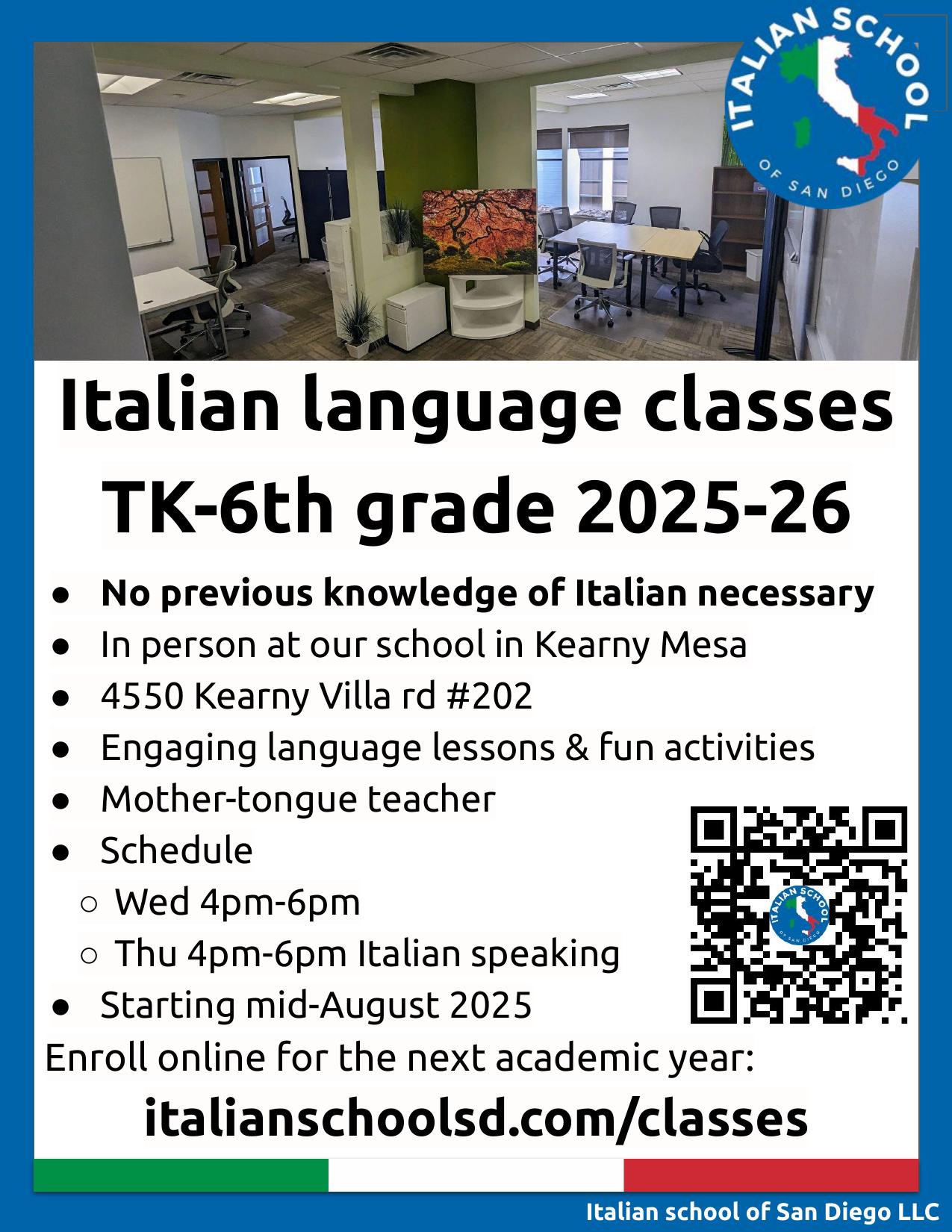 Italian classes TK–6th grade flyer